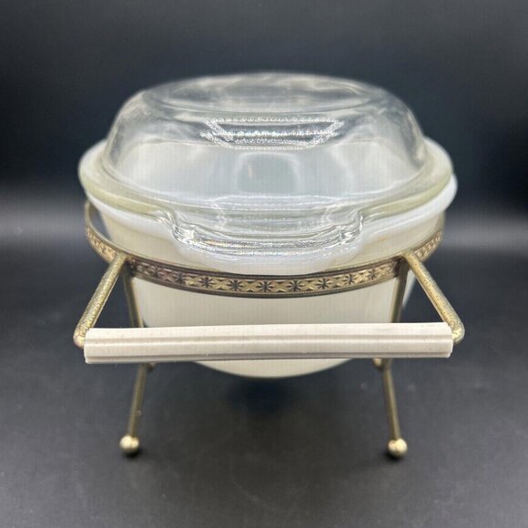 Fire King Milk Glass Casserole Dish w/ Clear Lid 1.5 QT w/ Cradle Candle-Warmer - Picture 4 of 10